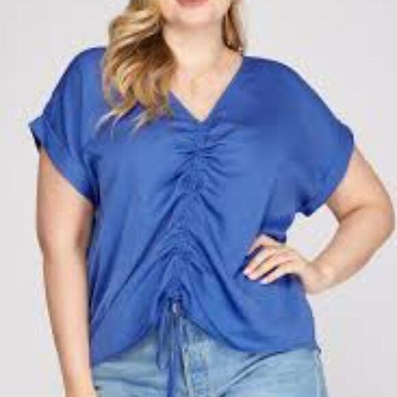14 SHE & SKY NEW SKY BLUE RUCHED FRONT TOP PLUS SIZE - Picture 1 of 7